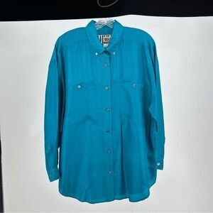 Women’s 100% Silk‎ 80’s Vintage Forenza Teal Button-Up Shirt Size Small